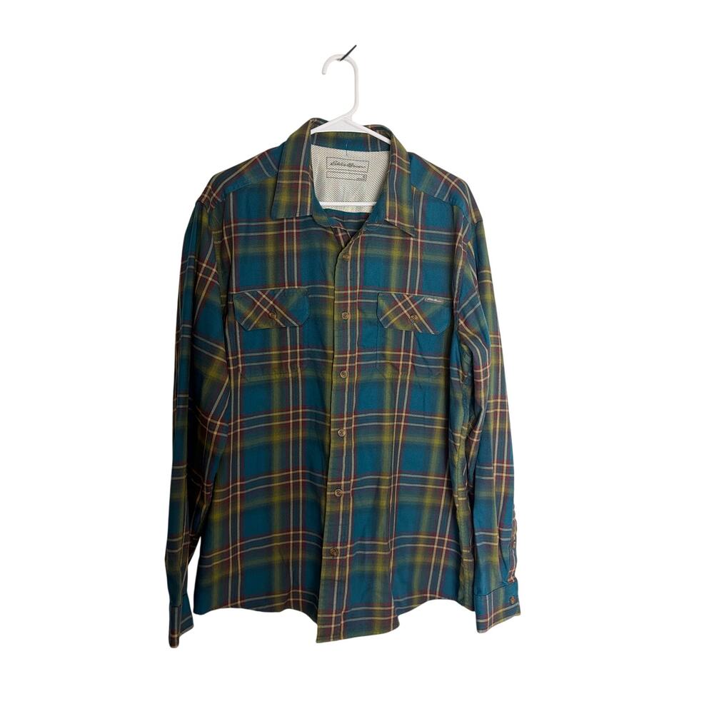 Eddie Bauer Mens Size L Plaid Teal Brown Long Sleeve Button Shirt